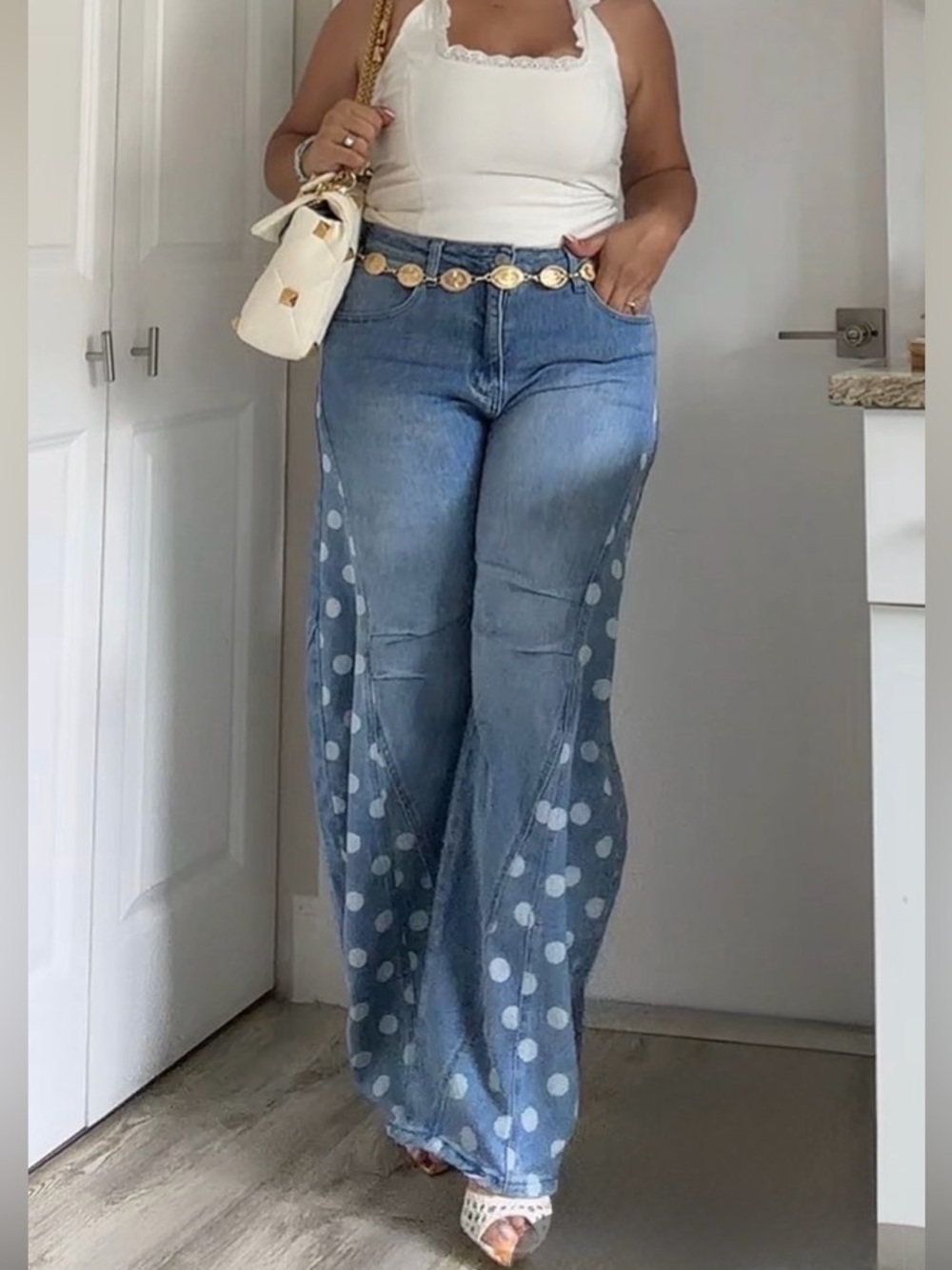 Women's Blue Polka Dot Wide-Leg Jeans - White Trim Top
